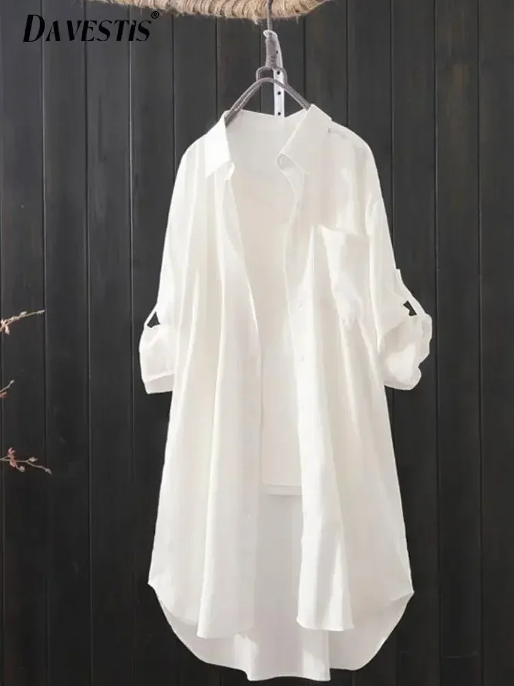 White Shirt Women 2024 Spring Summer Korean Fashion Simple Solid Color Long Shirts Lady Loose Breathable Midi Shirt and Blouse 250121