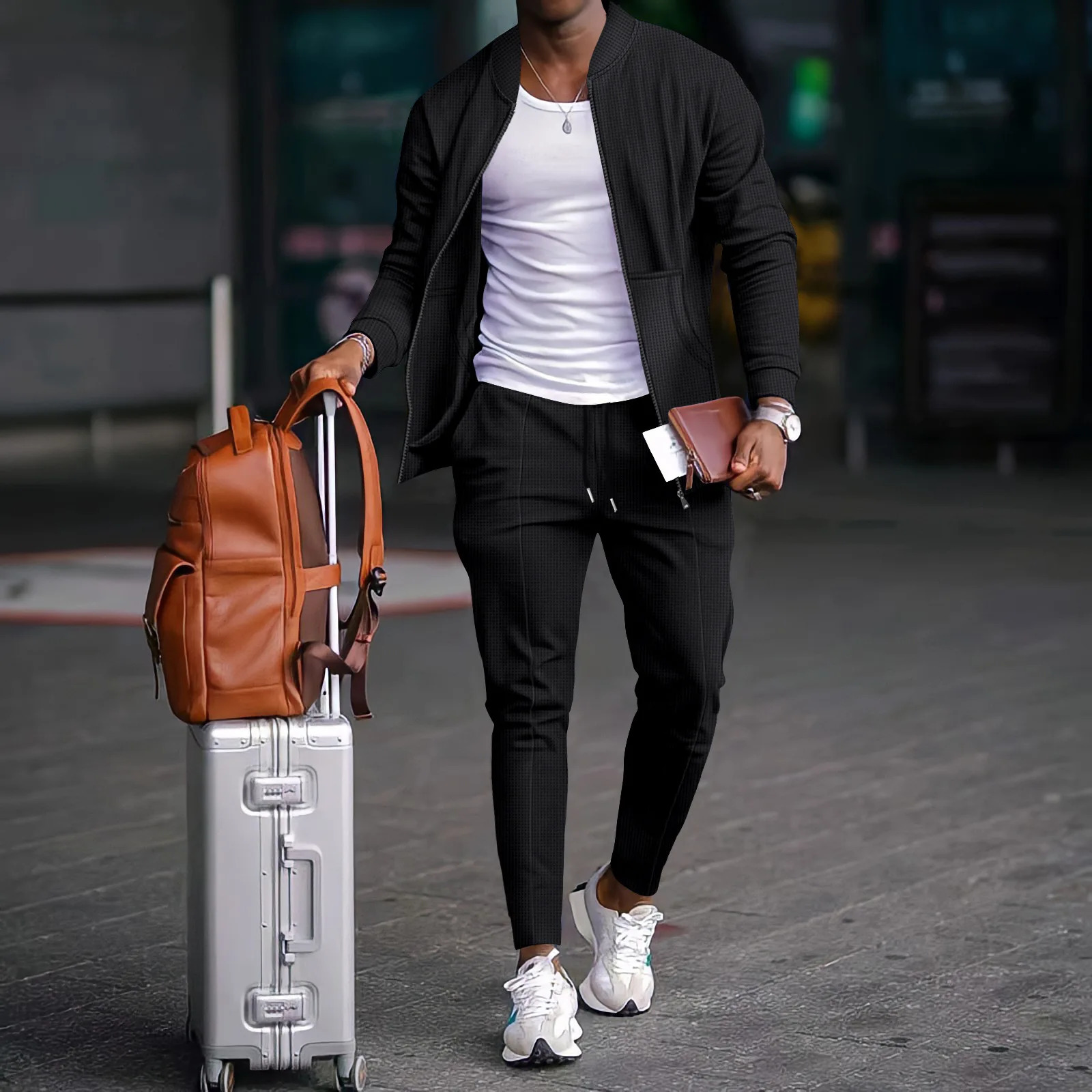 Autumn and winter casual mens outdoor blazer set Waffle baseball suit round neck pocket zipper long sleeve trousers two-piece s 250208