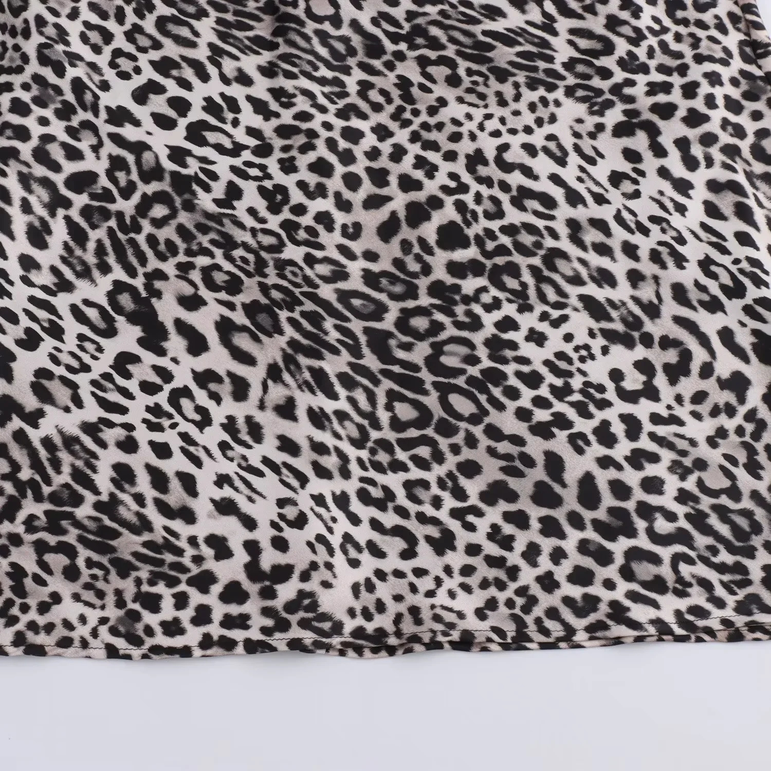 2024 Autumn Vneck European And American Style Fashionable Silk Satin Texture Leopard Print Suspender Backless MIDI Dress 250207