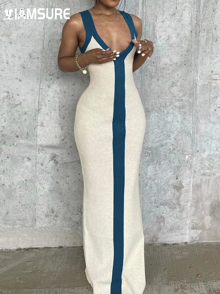 IAMSURE Holiday Sexy Contrast Color Striped Long Dress Slim Skinny VNeck Sleeveless Maxi Dresses For Women 2023 Summer Fashion 250110