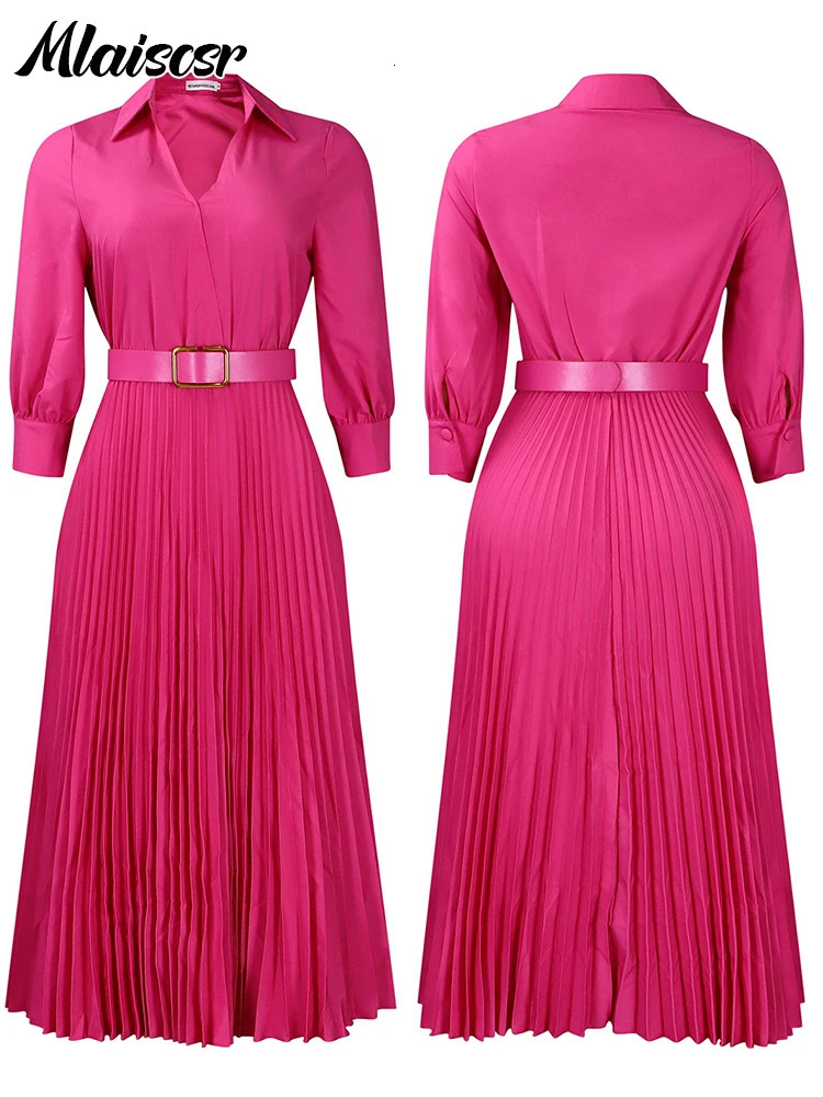 Mlaiscsr Gowns African Pleated White Dresses With Belt for Women 34 Sleeve Vneck Elegant Office Lady Work Party Evening Robe 250208
