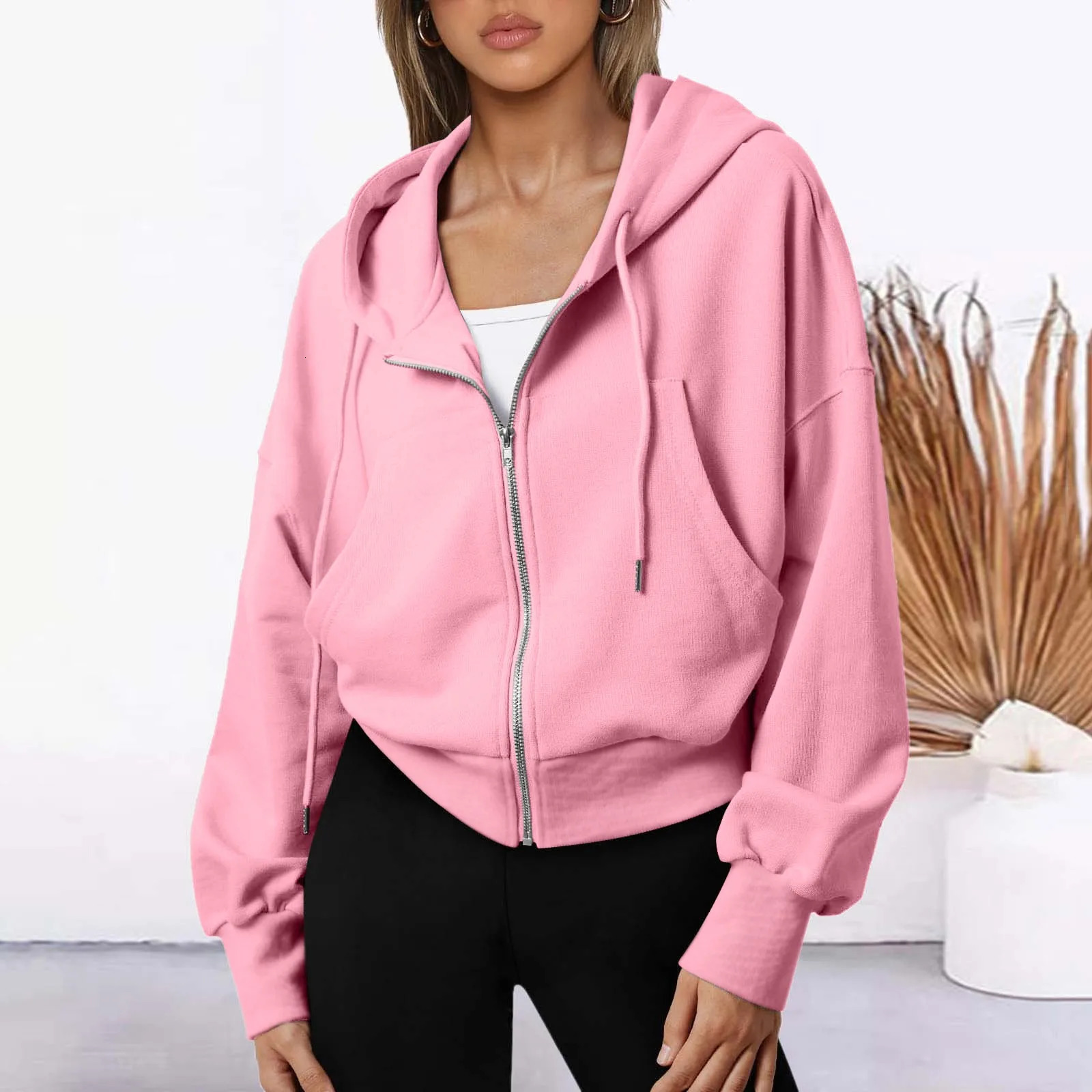 2024 Fashion Cropped Hoodie Solid Color Zip Up Oversize Hoodies Long Sleeve Casual Sweatshirt Elegant Holiday Pocket 250208Z