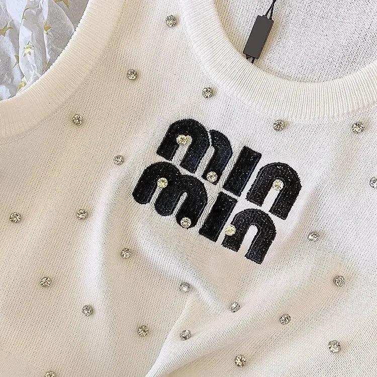 Women's Tanks Women Top Beaded Letters Embroidered Vest Sling Summer 2025 Slim Sleeveless T-shirt