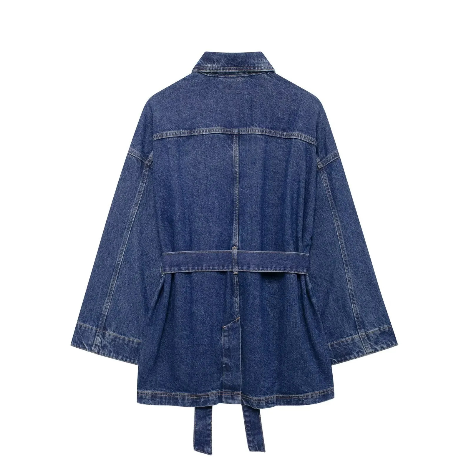 WomanS Retro Straight Jean Jacket Loose Button Up Long Sleeves Washed Denim With Belted 250207