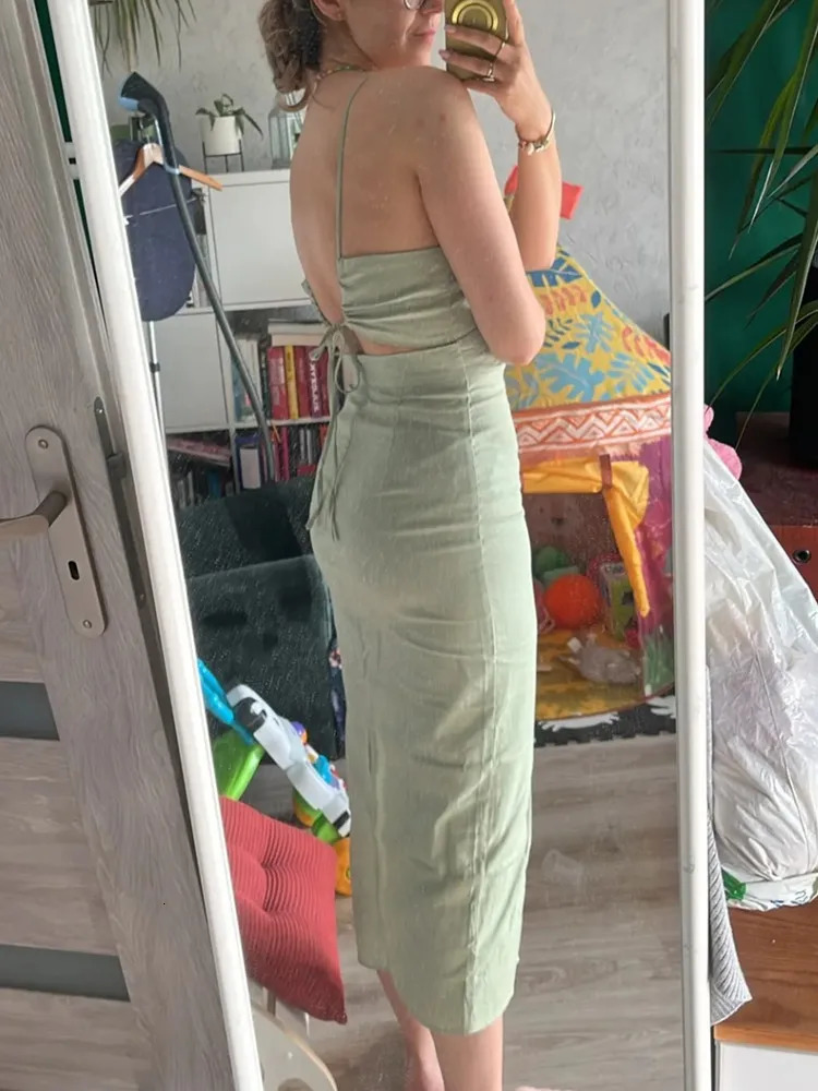 TRAF 2024 Green Slip Midi Dres Sleeveless Backless Summer Sexy Long Dresses Slit Evening Party 250207