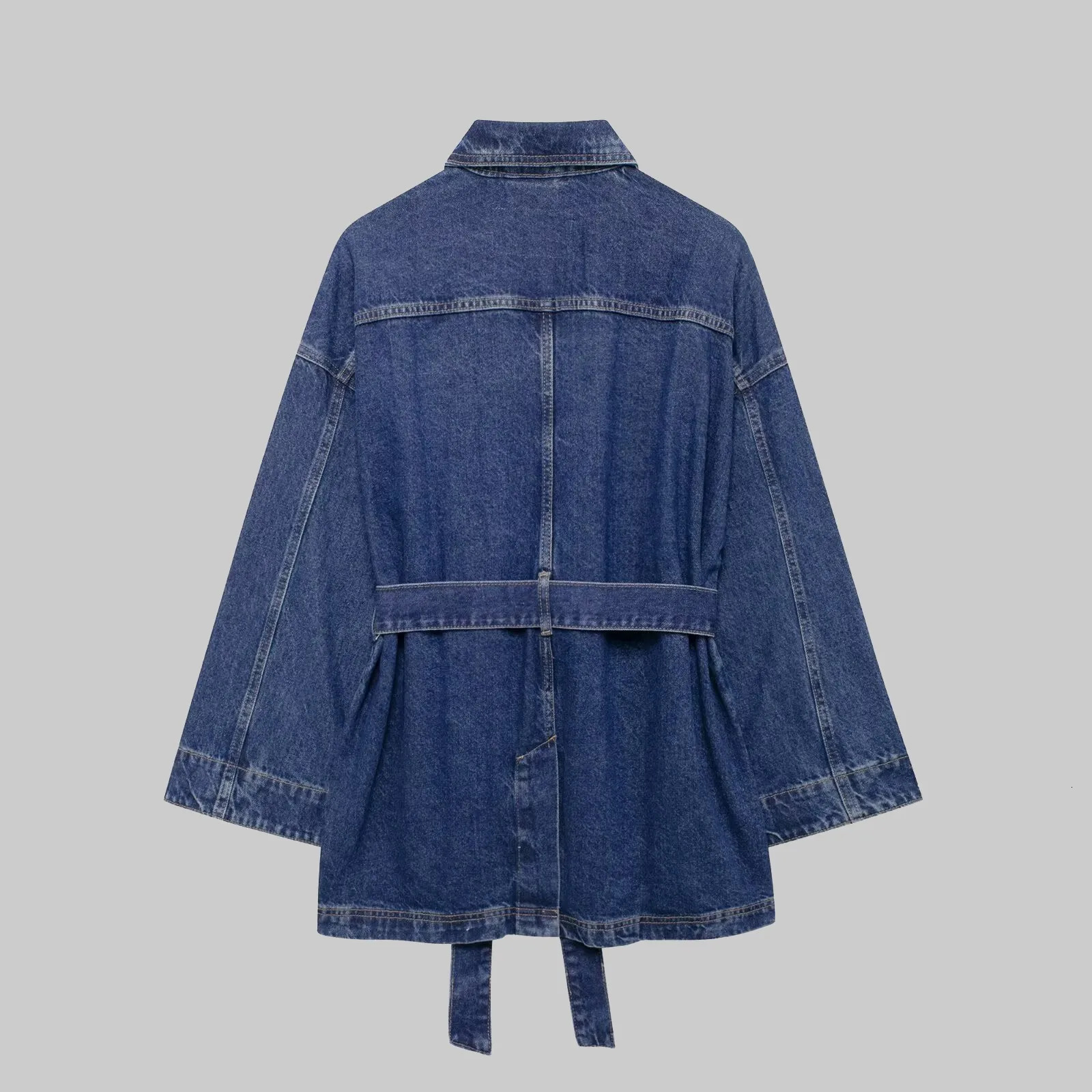 WomanS Retro Straight Jean Jacket Loose Button Up Long Sleeves Washed Denim With Belted 250207