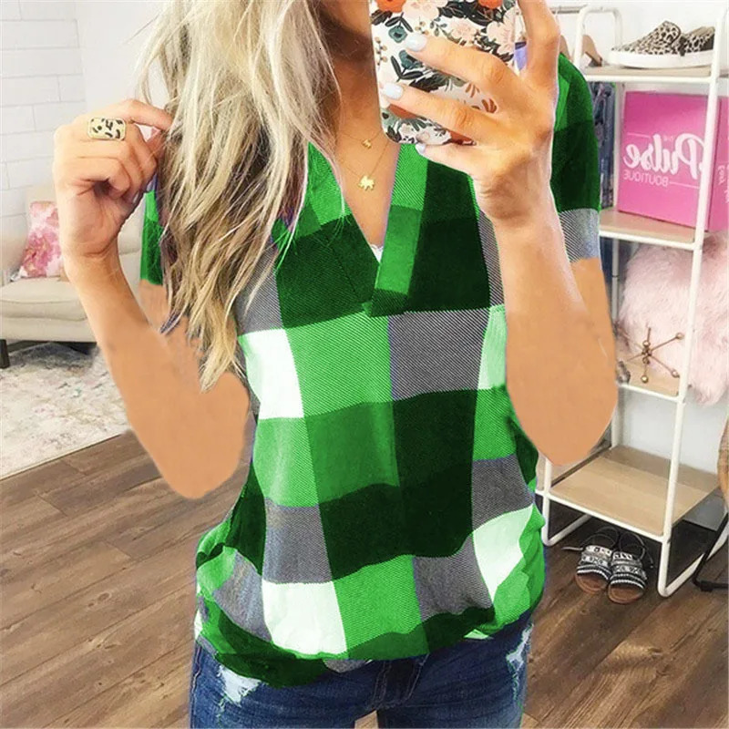 Women Vintage Short Sleeve Shirt V Neck Plaid Shirts Summer Female Casual Blouse Tops Streetwear Korean Style Clearance Sale 250121