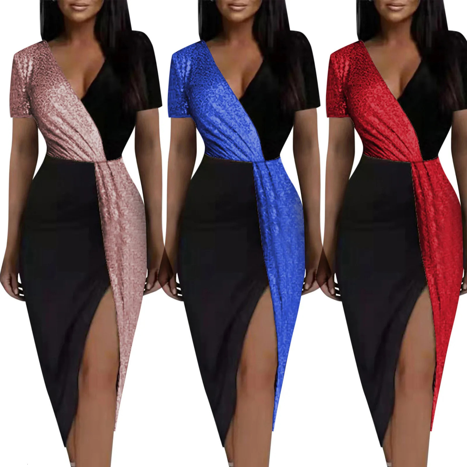 Ladies Sexy Cocktail Party Dresses For Women Plus Size Colorblock Sequined Waist Dress robe femme 250208wtt