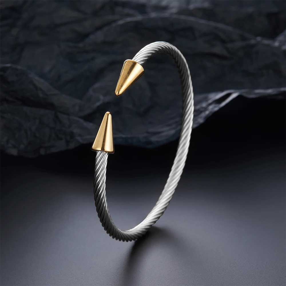 Two conical stainless steel C-shaped bracelets with twisted steel wire design classic punk style jewelry Y250208
