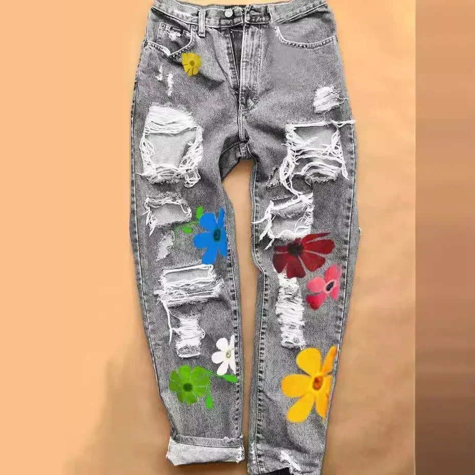 Printed Ripped Fashion High Waist Four Seasons Straight Through Womens Jeans Trousers 250206