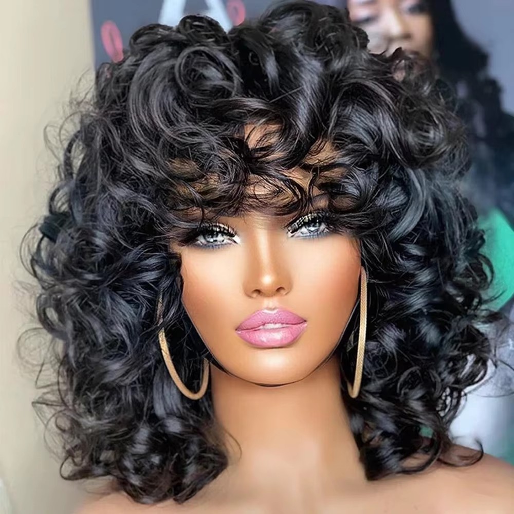 Afro Rose Curly Funmi Wigs with Bang Short Bouncy Curly Bob Wig glueless Machine Made Rose Curl cheap Human Hair Wig For Black Women 180%density full 