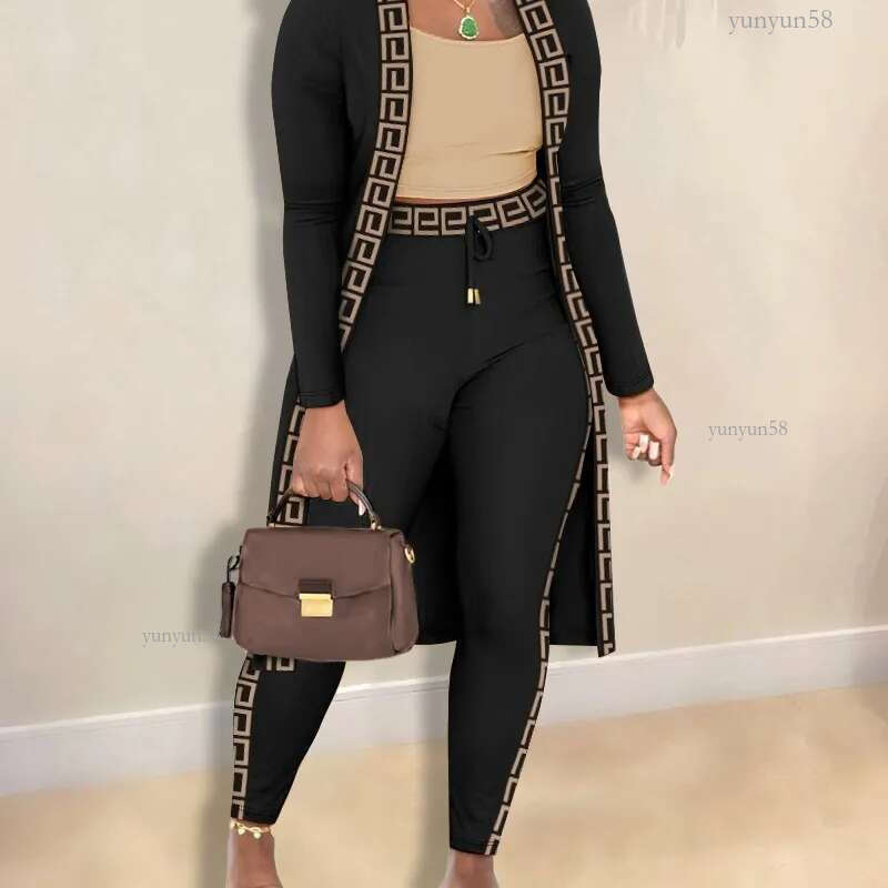 Plus Size 3XL Designer Womens Printed Three Piece Set Sports Tracksuits Vest Long Sleeve Jacket Coat And Sweatpants Jogging Suit 3Pcs Sets For Women O