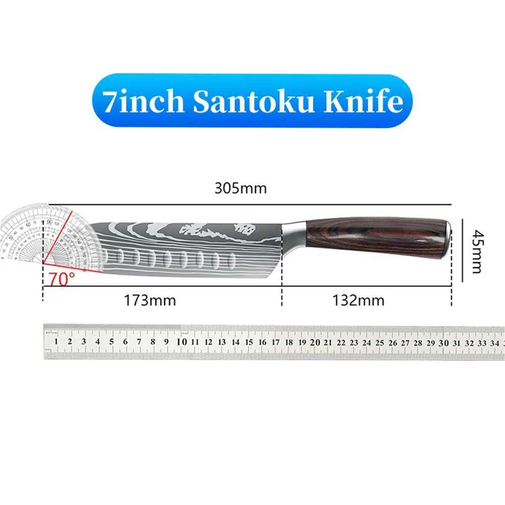 7 Inch Santoku Knife Laser Damascus Stainless Steel Kitchen Knives Professional Chef Knife Full Tang Vegetable Cutting Knife W250208