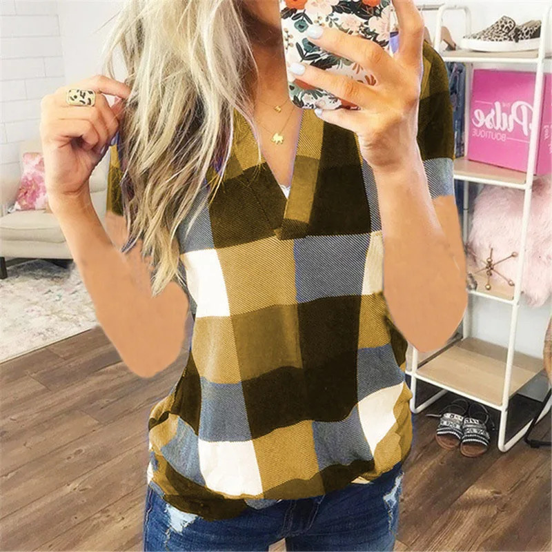 Women Vintage Short Sleeve Shirt V Neck Plaid Shirts Summer Female Casual Blouse Tops Streetwear Korean Style Clearance Sale 250121