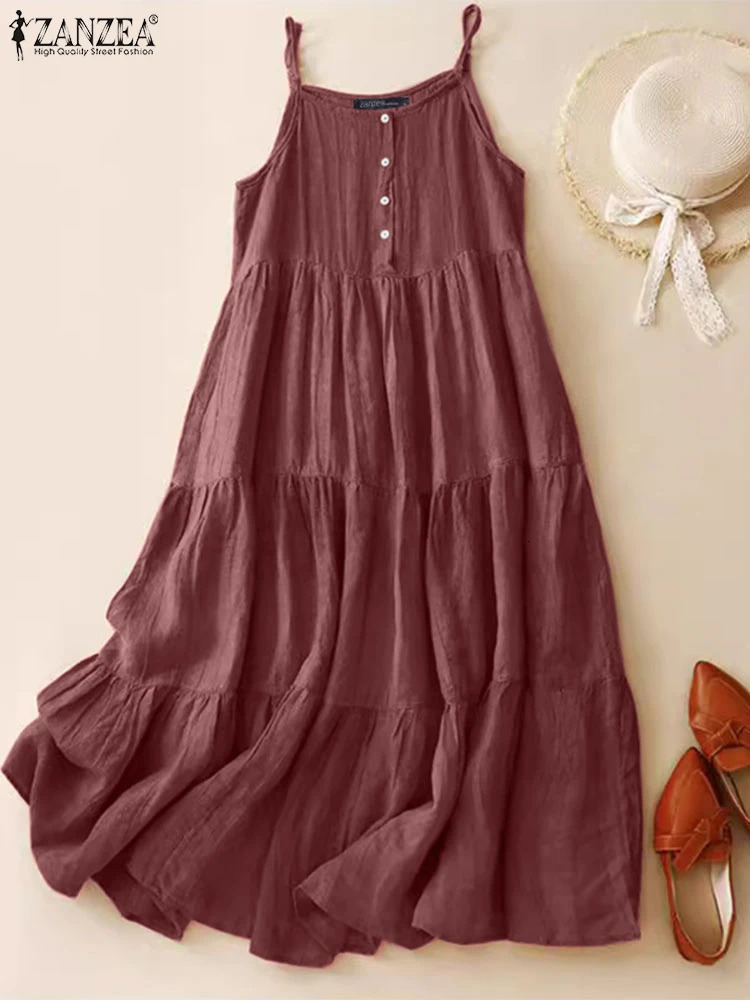Summer Women Spaghetti Strap Holiday Midi Dress 2024 ZANZEA Stylish Solid Ruffles Sundress Elegant Casual Aline Party Vestidos 250207