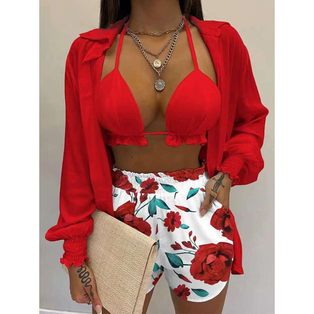 New Green Print High Waist Bikini Sets Swimsuit Women Sexy Lace Up Three Pieces Swimwear Beachwear For Bathing Suit
