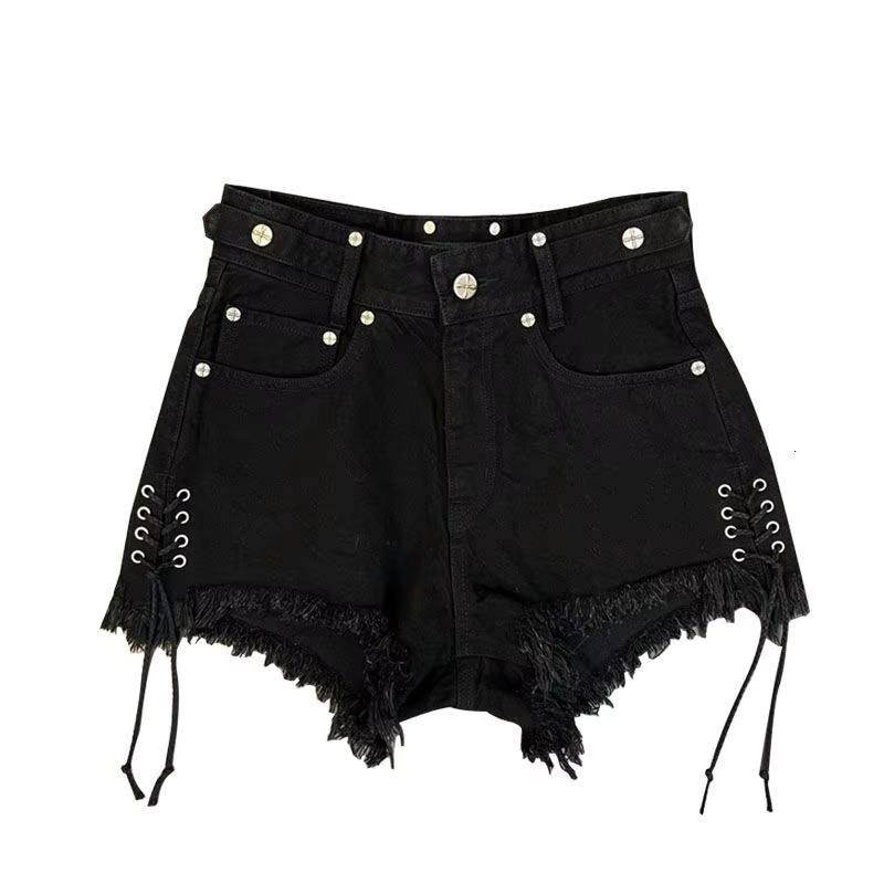 Bandage Women's Designer Jeans Side Drawstring Black Casual Fashion Summer Plus Women's High Waist Retro Denim Shorts Pants