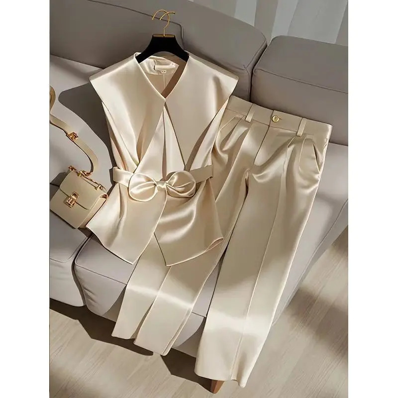 Fashion satin celebrity suit elegant OL Peter Pan collar bow sleeveless vesthigh waist wide leg pants two-piece set 376P 250207