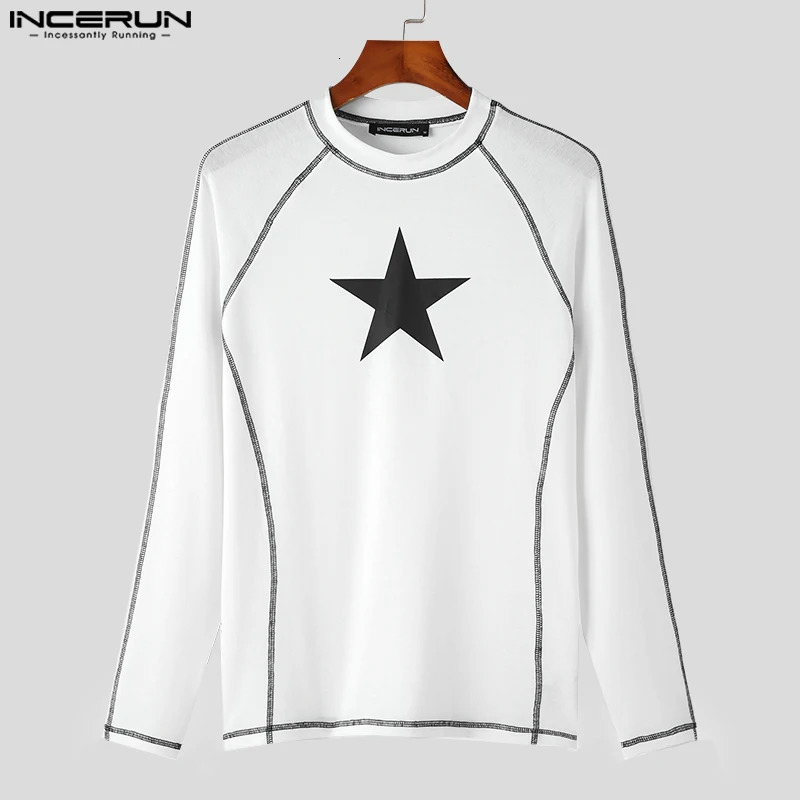 INCERUN Men T Shirt Printing O-neck Long Sleeve Streetwear Casual Men Clothing Autumn Fitness Korean Style Tee Tops S-5XL 250207