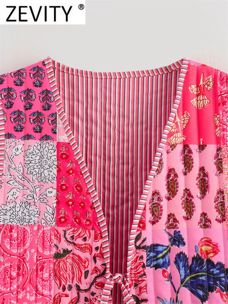 Zevity Women National Style Sleeveless Patchwork Floral Print Quilted Vest Jacket Ladies Lace Up WaistCoat Chic Crop Tops CT6267 250207