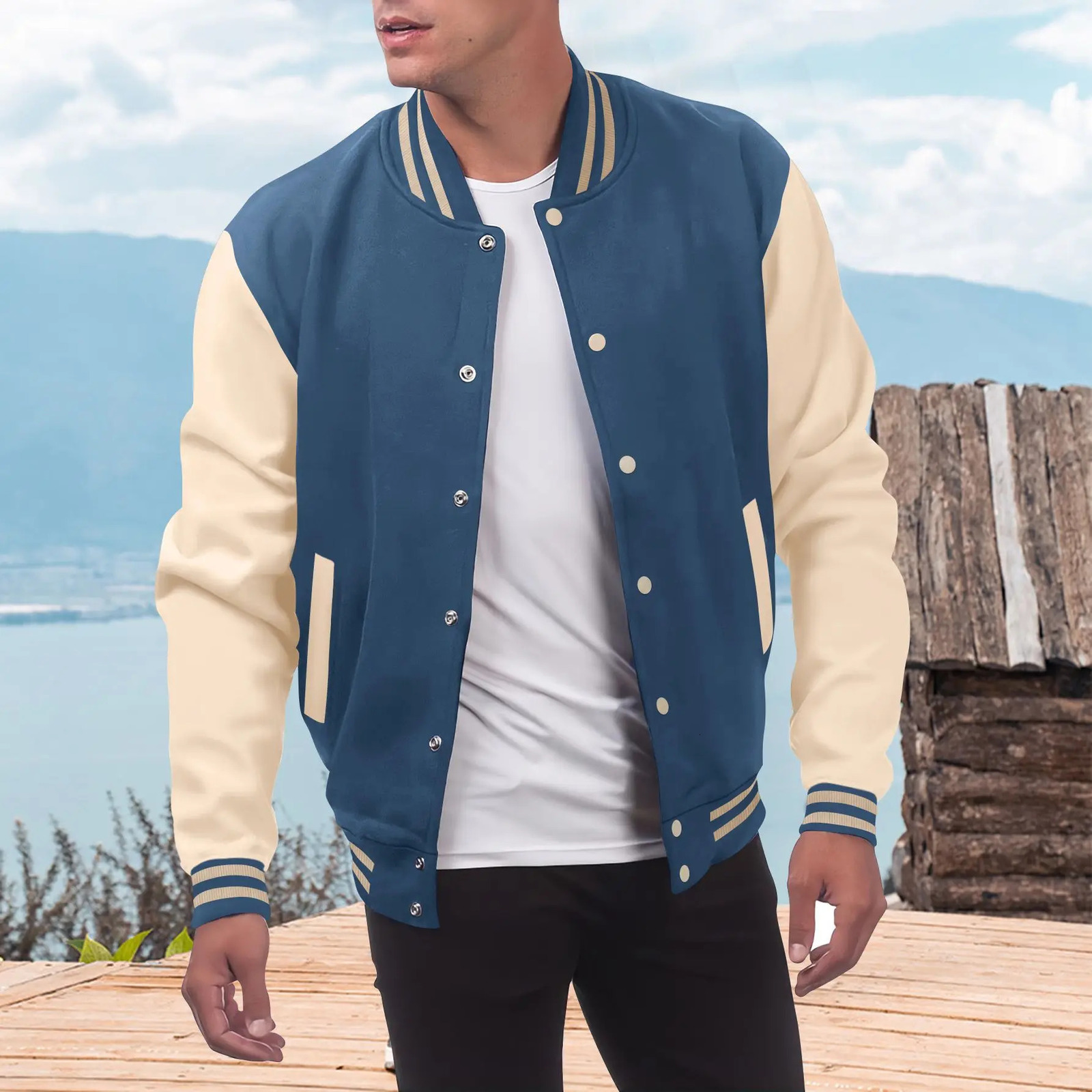 Autumn and winter thick baseball suit casual mens stand collar cardigan coat matching color sports long sleeve pants suit 250208
