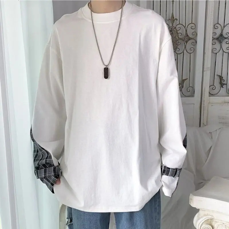 Stylish ONeck Spliced Loose Korean Plaid TShirt Mens Clothing 2023 Spring Casual Pullovers Long Sleeve Allmatch Tee Shirt 250207