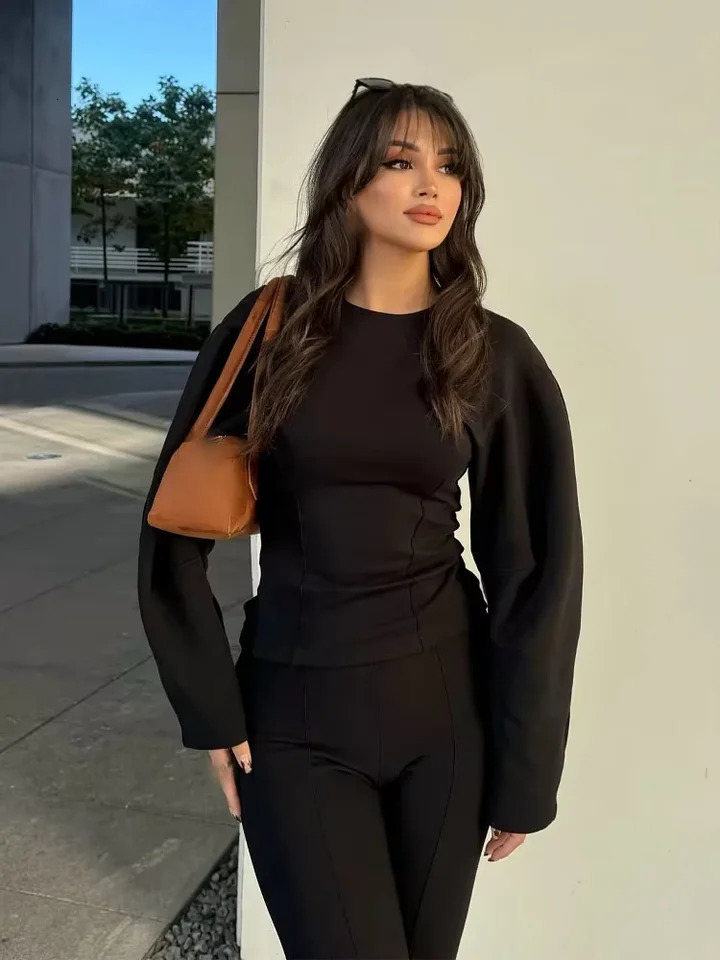 Womens Two Pieces Set Pant Sets Crop Long Sleeve Sets Elegant Womens Suits High Waist Wide Leg Trousers Outfit Streetwear 250207