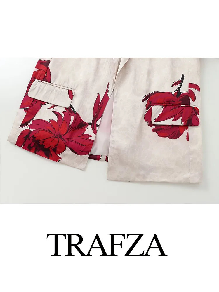 TRAFZA Women 2 Piece Set Elegant Print Lapel Long Sleeves Pocket Decorate Blazer TopSlim Loose Side Zipper Wide Leg Pants 250207
