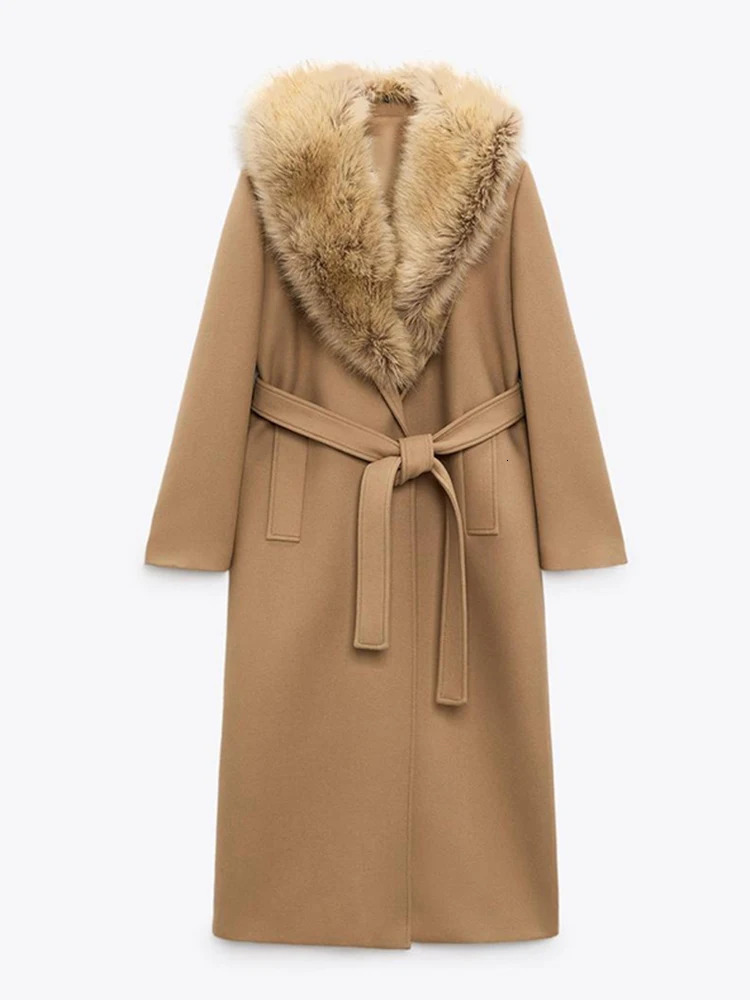 Elegant Fur Lapel Maxi Coat Lace Up Full Sleeve Pocket Wool Long Overcoats 2024 Winter Lady High Street Outwear 250110Z