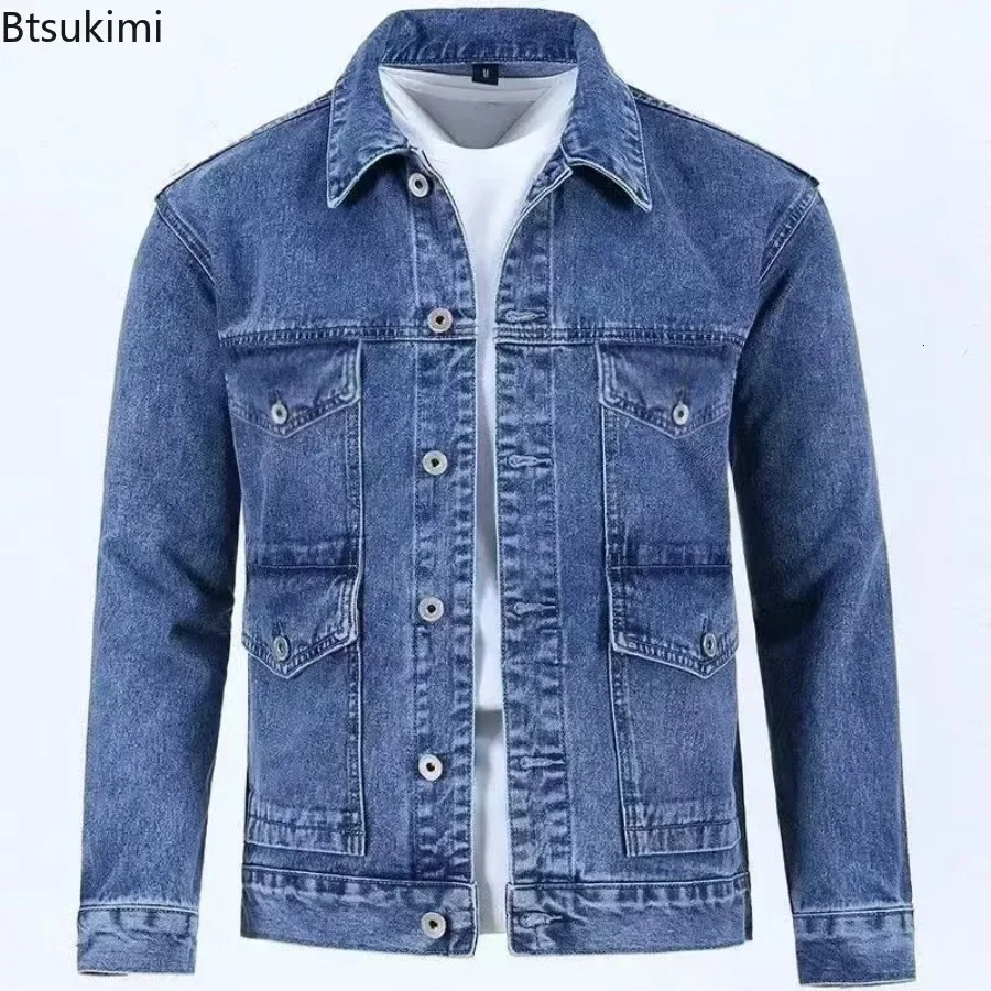 Mens Denim Cargo Jacket Loose Vintage Fashion Casual Cardigan Men Youth Handsome Washed Cowboy Coats Plus Size 250207