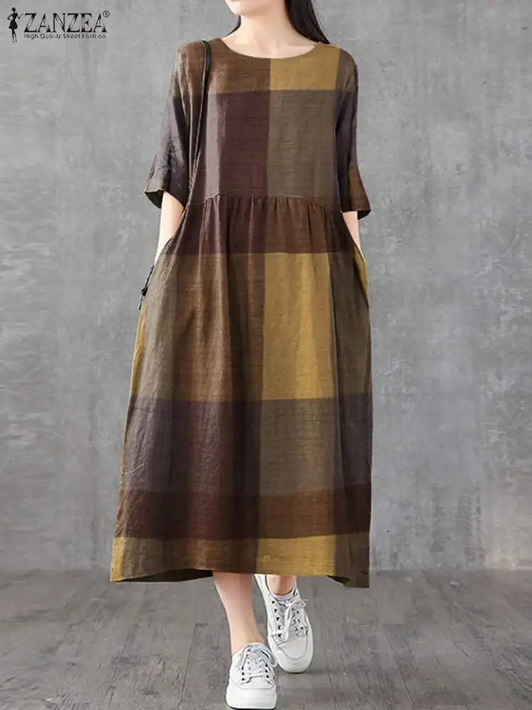 ZANZEA Women Cotton Linen Dresses Vintage Plaid Half Sleeve Midi Vestidos Casual O-neck Long Sundress Holiday Pocket Robes 250206