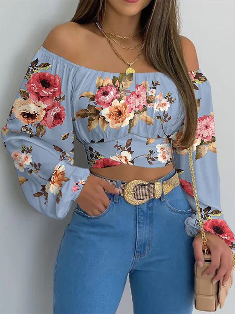 Womens Sexy Off Shoulder Blouse Chic and Elegant Printing Lantern Long Sleeve Lace Up Bow Cropped Tops Casual Slim Shirts 2024 250208Z