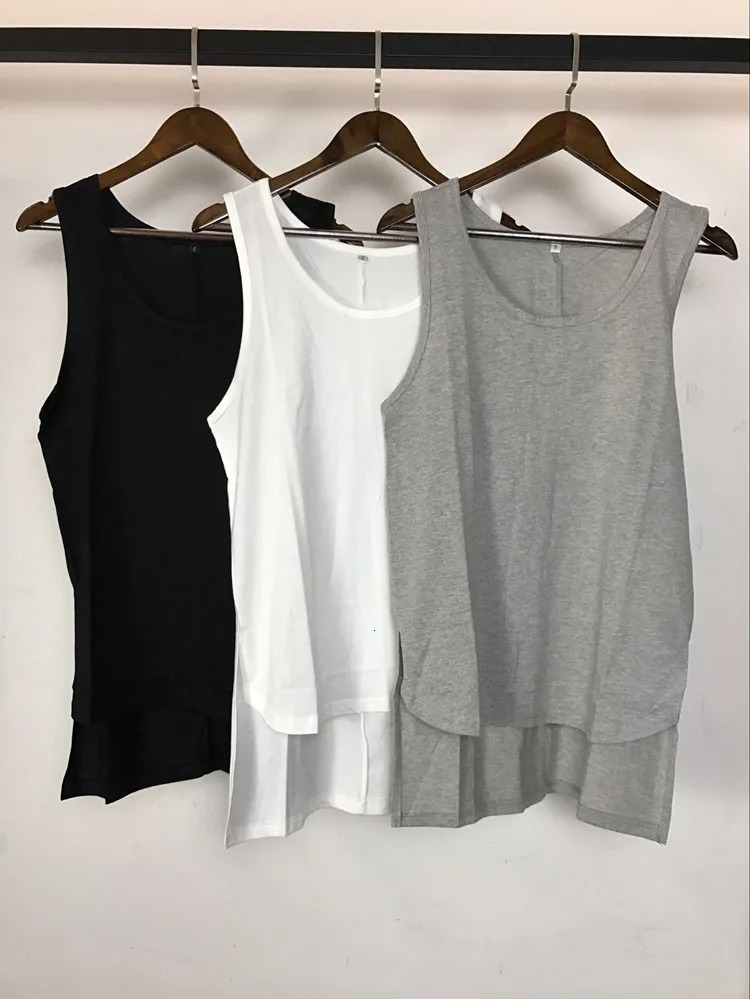 Summer men women cotton long tank top side split street hip hop undershirt black white gray casual sleeveless shirt gym vest 250207