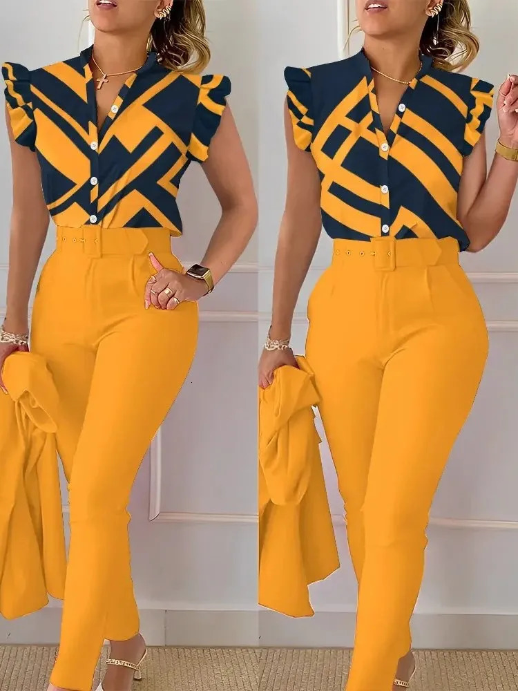 Womens Elegant Slim Two-Piece Sets Summer Fashion Print V Neck Button Flying Sleeve Shirt Top Solid Long Pants Suits With Belt 250207