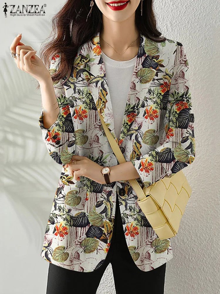 Womens Autumn OL Blazer ZANZEA Elegant Floral Printed Jackets Lapel Neck Long Sleeve Thin Outwear Summer Suits Officewear 250207