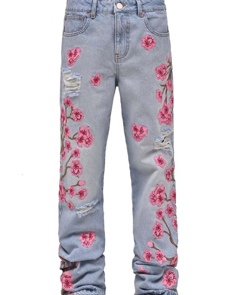 Y2K bagged cherry blossom embroidered pattern jeans Harajuku retro hip-hop streetwear mens Gothic casual wide leg pants 240911