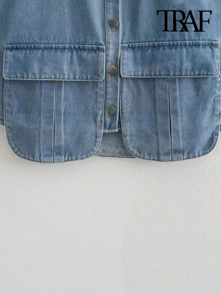TRAF Women Fashion With Pockets Cropped Denim Shirts Sexy Sleeveless Buttonup Female Blouses Blusas Chic Tops 250121