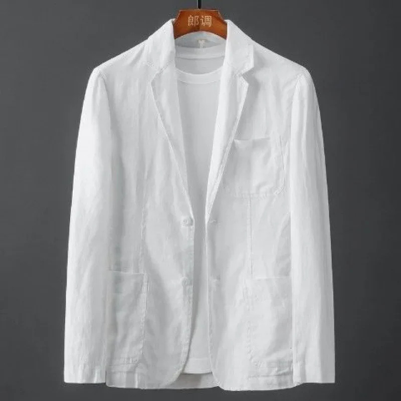 mens spring and summer pure thin casual business breathable white cotton linen suit jacket 250208Z