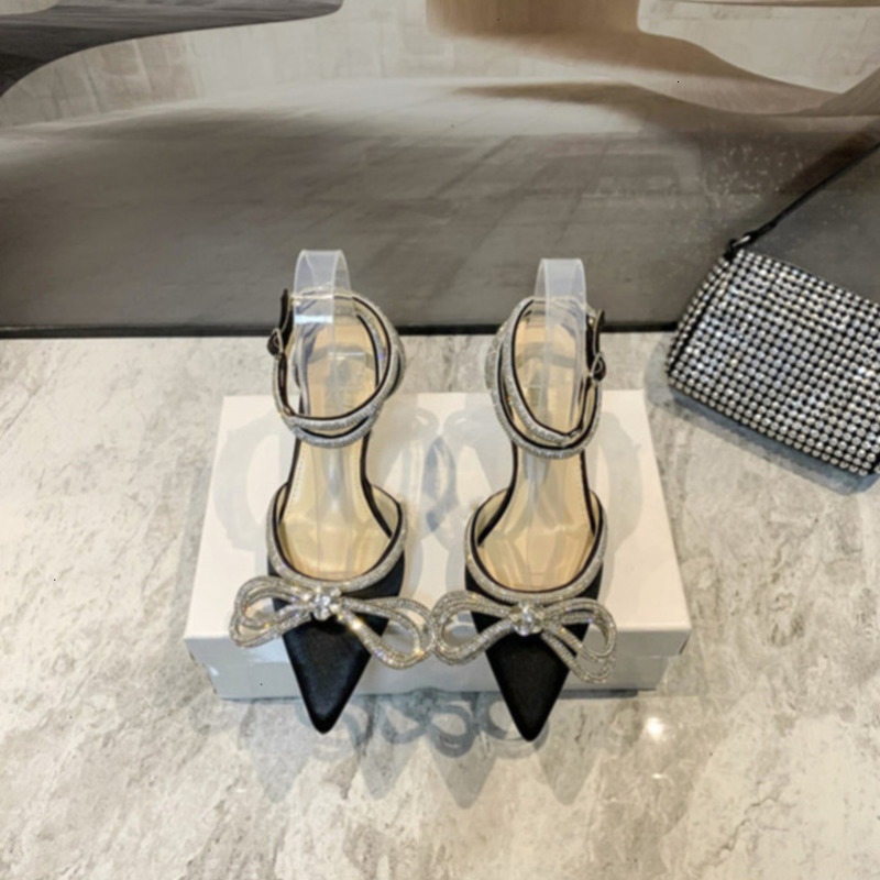 Rhinestone Femmes Pumps Crystal Bowknot Satin Summer Lady Chaussures Généralités en cuir High Heels Party Prom Shoe A011