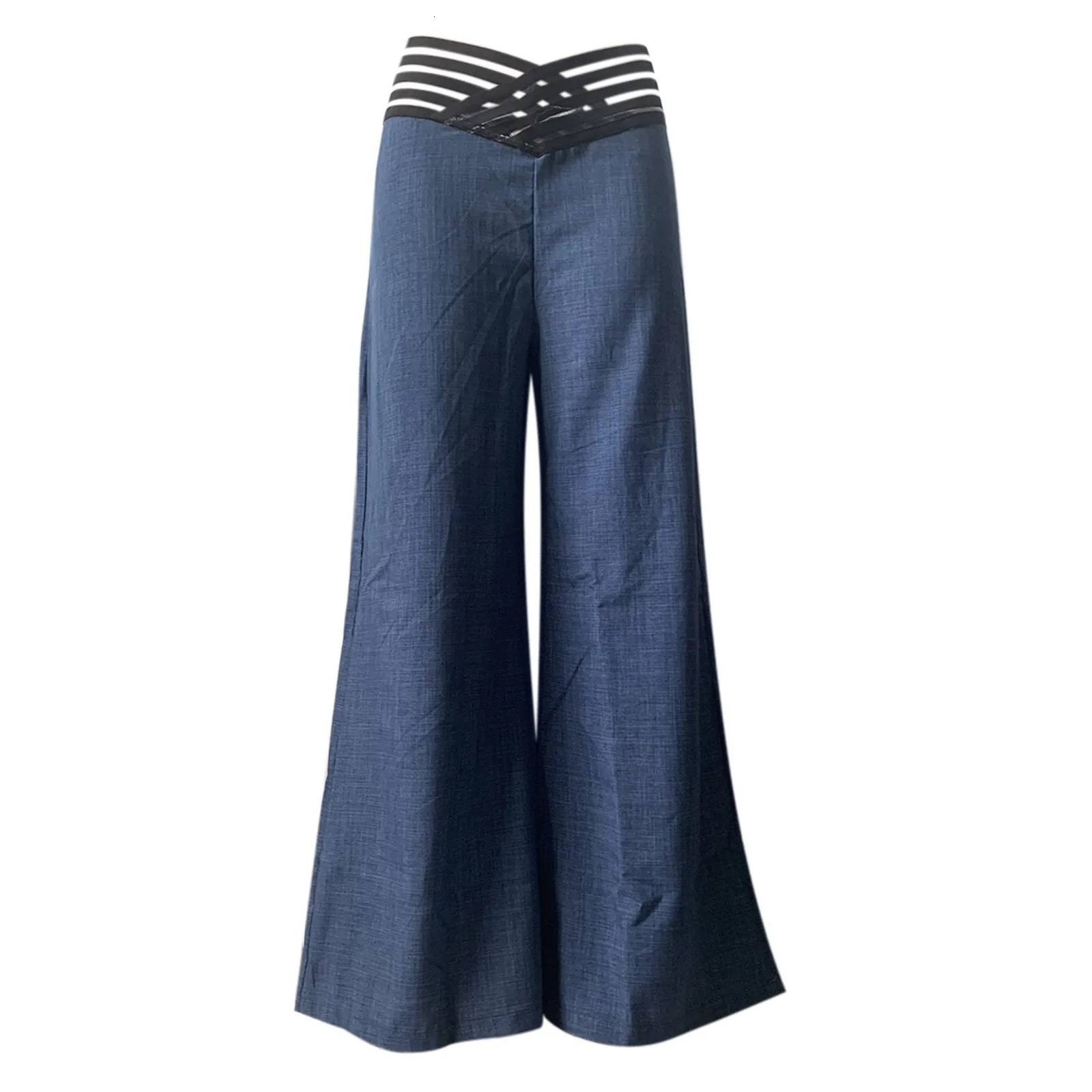 Women Flared Pants Elegant Office Lady Casual High Waist Trousers Spring Summer Solid Crisscross Sheer Mesh Patch Wide Leg Pant 250109