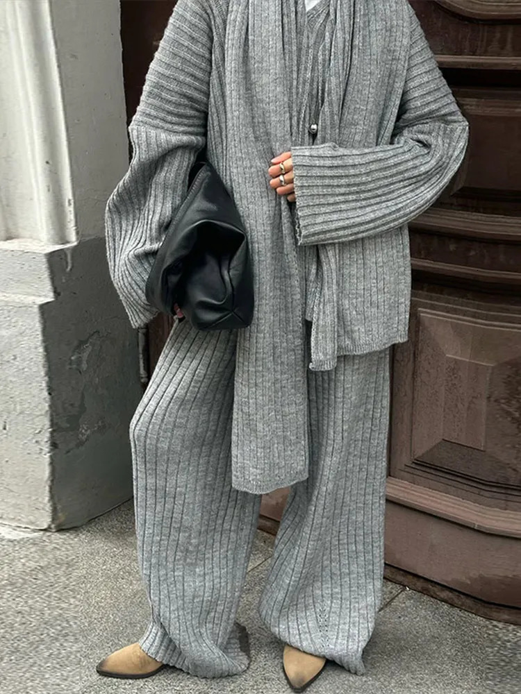 Elegant Knitted Burgundy Red Set Womens Autumn Long sleeved V-neck Loose Top with Scarf Fashion Elastic Wide Leg Pants Set 250207