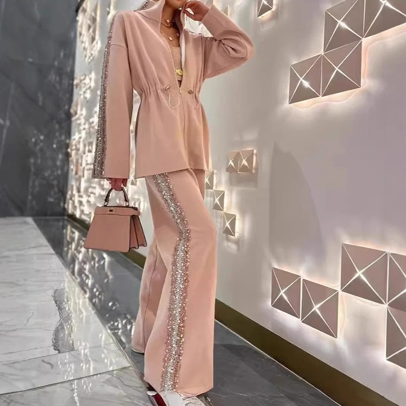 Autumn Winter Long Sleeved Loose Two Piece Set Fashion Sequin Patchwork Straight Suit Women Stand Collar Jacket and Pants Outfit 250207