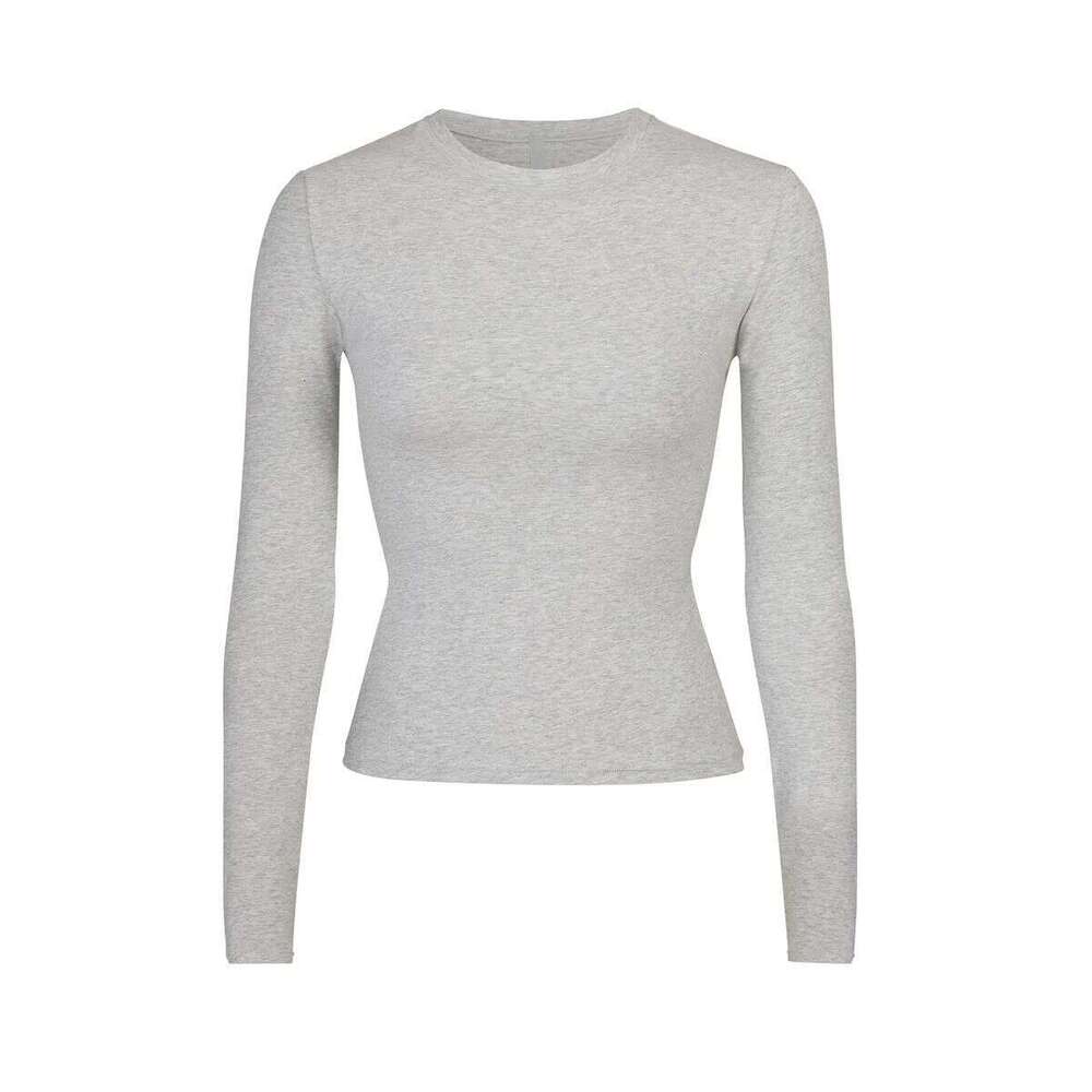 Women's autumn fashion SK style, solid color round neck long sleeved high neck waist cinched basic top for women's casual base shirt