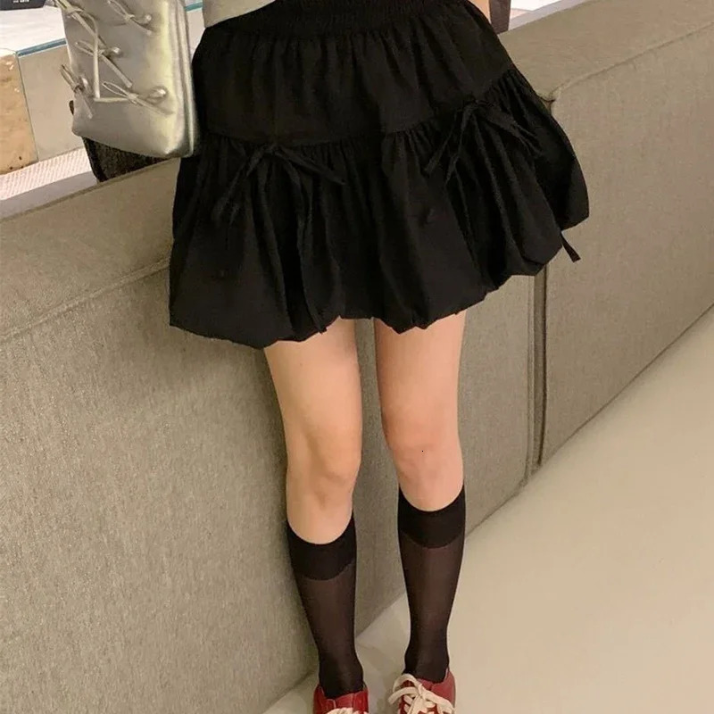Rimocy Korean Ins Bowknot A Line Skirt Summer High Waist Lantern Mini Skirts Woman Solid Color Sweet Style Girls 250208Z