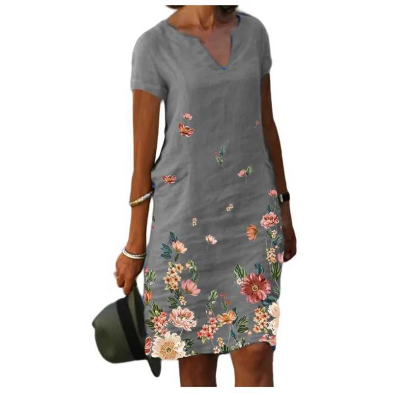 New Retro Womens Floral Printed Cotton Linen Short Swed Mid To Long V-neck Dress For Womens Ele Slim Fit A-line Skirt W250208