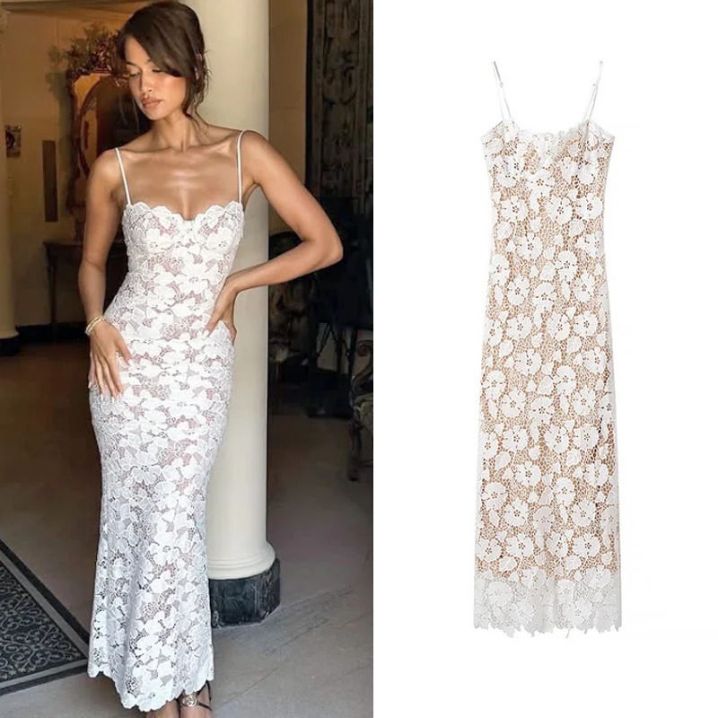 TRAF Elegant Floral Long Dresses 2025 Womens Spring Midi Slip Fashion Party Evening Backless Wedding Dress Vestidos 250207
