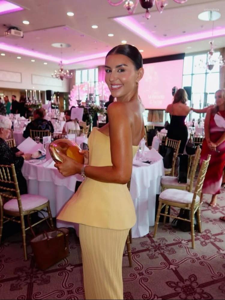 Work Dresses Elegant Strapless Tube Top Skirts Suit Women Sleeveless Backless Tank Slim Long Pleated Skirt 2025 Spring Summer Lady Outfit