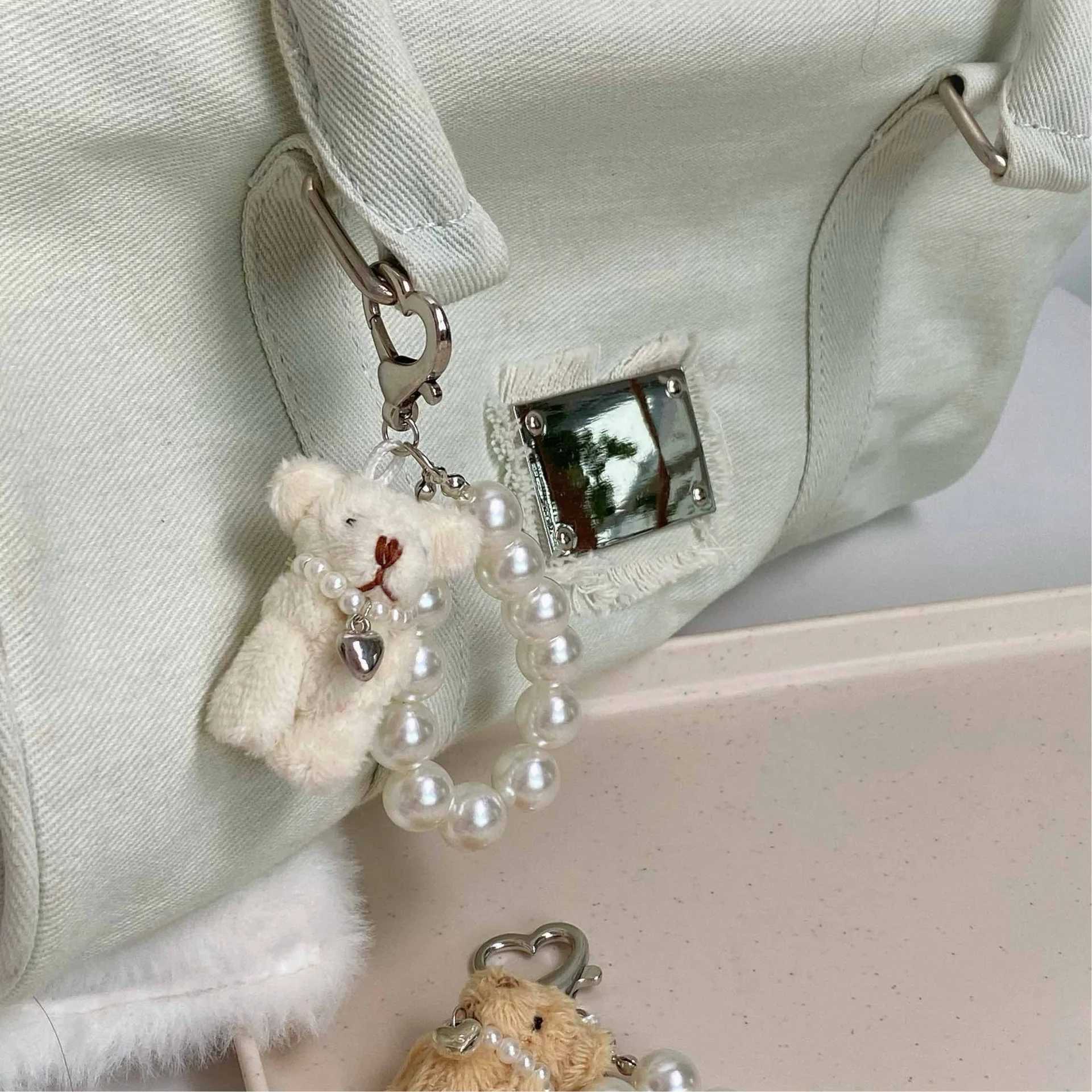 Korean Cute Fluffy Plush Bear Pearl Bowknot Pendant Keychain For Car Keys iPhe Accessories Trendy Keyring Wen Handbags Y250208