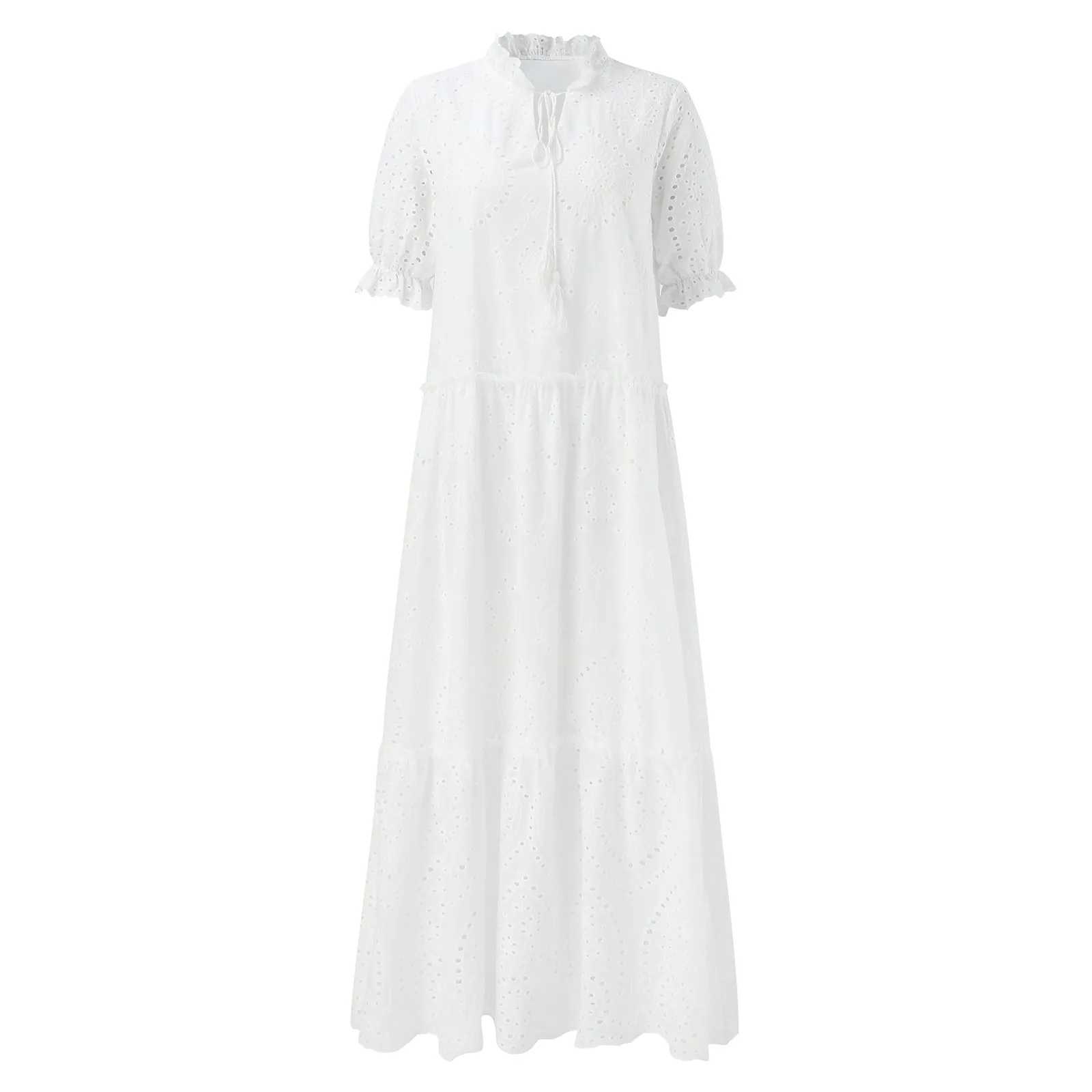 A Line White Dresses Woman Vintage Hollow Boho Style Drstring Long Dresses Summer Lantern Sve Maxi Dress Women W250208
