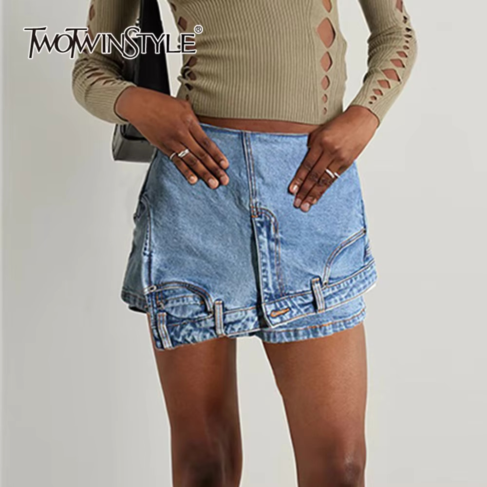 2025 Summer Double Breasted Pocket Women's Irregular Unique Denim Shorts High Waist Splicing Zipper Designer Shorts Women's New Style